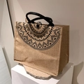 Grand sac cabas en jute beige avec motif ethnique et poignées tressées noires - Imprimé Mandala Sans Foulard