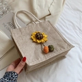 Linen mini tote bag with sunflower decor and woven rope handle in summer style - Sunflower