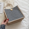 Borsa tote in lino con motivo pied de poule bianco e nero e manici in corda di cotone - Pied de Poule Nero