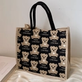 Grand sac fourre-tout en toile de jute avec motif ours noir et anses tressées solides - Noir