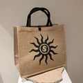 Sac fourre-tout en jute vintage avec motif totem soleil noir et anses tissées - Imprimé Soleil Sans Foulard