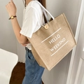 Grande borsa tote in lino con scritta HELLO WEEKEND e manici in corda bianca moda - Bianco