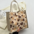 Bento-Tasche aus Leinen mit braunem Herzmuster und dicken Baumwollseilgriffen - Knopfdekor-Stil / Khaki