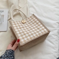 Borsa tote in lino con pannello pied-de-poule e manici in corda bianca in stile chic - Cachi