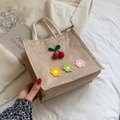Summer jute tote bag with knit cherry and floral accents and cotton rope handles - Cherry And Flowers