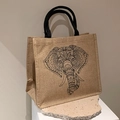 Sac fourre-tout en jute naturelle avec motif éléphant mandala noir et anses tressées - Imprimé Éléphant Sans Foulard