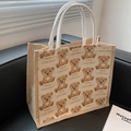 Grand sac fourre-tout en toile beige avec ours marron et poignées en corde blanche tressée - Blanc