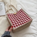 Borsa tote in lino con motivo pied de poule rosso e manici in cotone intrecciato - Rosso