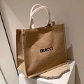 Sac cabas en jute avec poignées en corde blanche et texte merci noir en brun naturel - Imprimé Lettres Sans Foulard