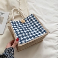 Linen tote bag with blue houndstooth pattern and natural jute sides with wooden button - Blue