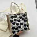 Compact jute lunch tote with black and white heart print and soft cotton rope handles - Zipper Style / Black