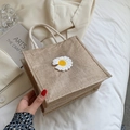 Linen canvas tote bag with daisy embroidery and cotton rope handles in natural beige - White Daisy