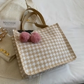 Beige houndstooth woven tote bag with brown canvas straps and plush pink charms - Khaki