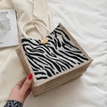 Zebra print linen handbag with cotton rope handles and decorative wood button - Black Zebra