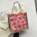 Pink cloud-dye jute tote bag with red heart patterns and woven handles - Zipper Style / Pink