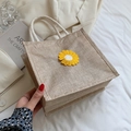Linen tote bag with yellow embroidered daisy patch and white cotton rope handles - Yellow Daisy