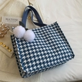 Blue and white houndstooth large tote bag with decorative white cherry pom-poms - Blue
