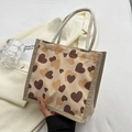 Japanese style canvas tote bag featuring brown heart patterns and durable hemp braided edges - Zipper Style / Khaki