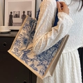Large beige canvas tote bag with blue Toile de Jouy print and matching scarf detail - Blue With Scarf
