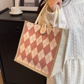 Pink and white argyle canvas tote bag with woven rope handles and large button closure - Pink