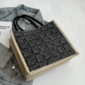 Bolso tote de gran capacidad con textura tejida gris oscuro y asas de cuerda - Negro