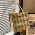 Green and white argyle canvas tote bag with wooden button and rope handle for daily use - Light Green