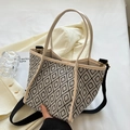 Chique zwart-witte jacquard draagtas met beige lederen randen en afneembare schouderriem - Zwart
