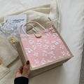 Borsa porta pranzo in lino rosa con ricami floreali bianchi e manici in tela - Rosa
