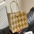 Yellow and white argyle canvas tote bag with wooden button and cotton rope handles - Dark Green
