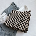 Chic black and white checkered canvas tote bag with cotton handles for daily fashion - Khaki Grid (No Pendant)