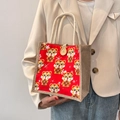 Bolso pequeño de lino rojo con dibujos de tigre y asa de cuerda trenzada para mujer - Rojo