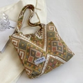 Sac fourre-tout tissé de style ethnique avec motifs géométriques et étiquette mode - Jaune