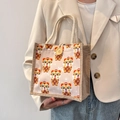 Bolso tote de yute con estampado de tigre animado, asas de cuerda y botón de madera - Rosa