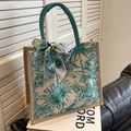 French vintage beige canvas tote bag with green Toile de Jouy leopard print and silk scarf - Green With Scarf