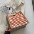 Tragetasche aus Leinen mit orangefarben mit orangefarbigem Hahnentrittmuster und Seilgriffen für Damen - Knopfdekor-Stil / Orange