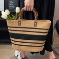 Large straw tote bag with bamboo handles and striped weave pattern for summer beach use - Striped Khaki