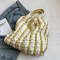 Large capacity yellow and white striped pleated cloud tote bag with puffy texture - No Pendant / Khaki