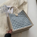 Borsa in lino pied-de-poule blu con manici in corda e dettaglio con bottone - Stile con bottoni decorativi / Azzurro