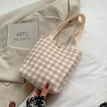 Brown and beige houndstooth canvas tote bag with woven handles and a gold snap button - Houndstooth Khaki (Without Scarf)