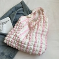 Pink and white striped popcorn texture canvas tote bag with puffy cloud design - No Pendant / Pink