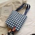 Blue and white houndstooth canvas tote bag with snap closure and textile handles - Houndstooth Blue (Without Scarf)