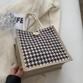 Borsa tote in lino con motivo pied de poule bianco e nero e chiusura con bottone - Stile con bottoni decorativi / Marrone
