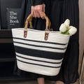 Fashionable black and white striped woven tote bag with authentic bamboo handles - Striped White