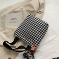 Classic black and white houndstooth canvas handbag with golden buckle and black strap - Houndstooth Black (Without Scarf)