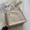 Leinen-Lunchtasche mit Hahnentritt-Muster, weißem Knopf und Baumwollseil-Griffen - Knopfdekor-Stil / Khaki