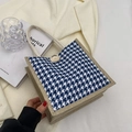 Borsa tote in lino con motivo pied-de-poule blu e bianco e finiture crema - Stile con bottoni decorativi / Blu
