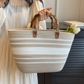 Large woven tote bag with bamboo handles and beige grey stripes for beach or commute - Beige White Mix