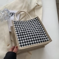 Mini borsa tote in iuta con motivo pied-de-poule bianco e nero e manici in iuta - Stile con cerniera / Nero