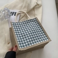 Borsa tote in lino pied-de-poule bianco e blu con manici in corda color crema - Stile con cerniera / Azzurro