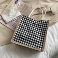 Houndstooth linen lunch tote with woven rope handles and natural burlap side accents - Black Plaid (Without Scarf)
